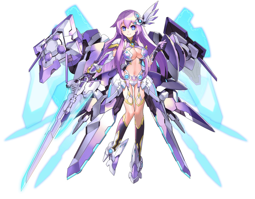 1girl absurdres alternate_breast_size armor bangs blue_eyes breasts cleavage company_connection copyright_name elbow_gloves eyebrows_visible_through_hair full_body gloves hair_ornament highres holding holding_weapon large_breasts long_hair looking_at_viewer mechanical_wings navel nepgear nepnep_connect:_chaos_chanpuru neptune_(series) nkmr8 official_art purple_hair purple_sister shoulder_armor simple_background smile solo weapon white_background wings