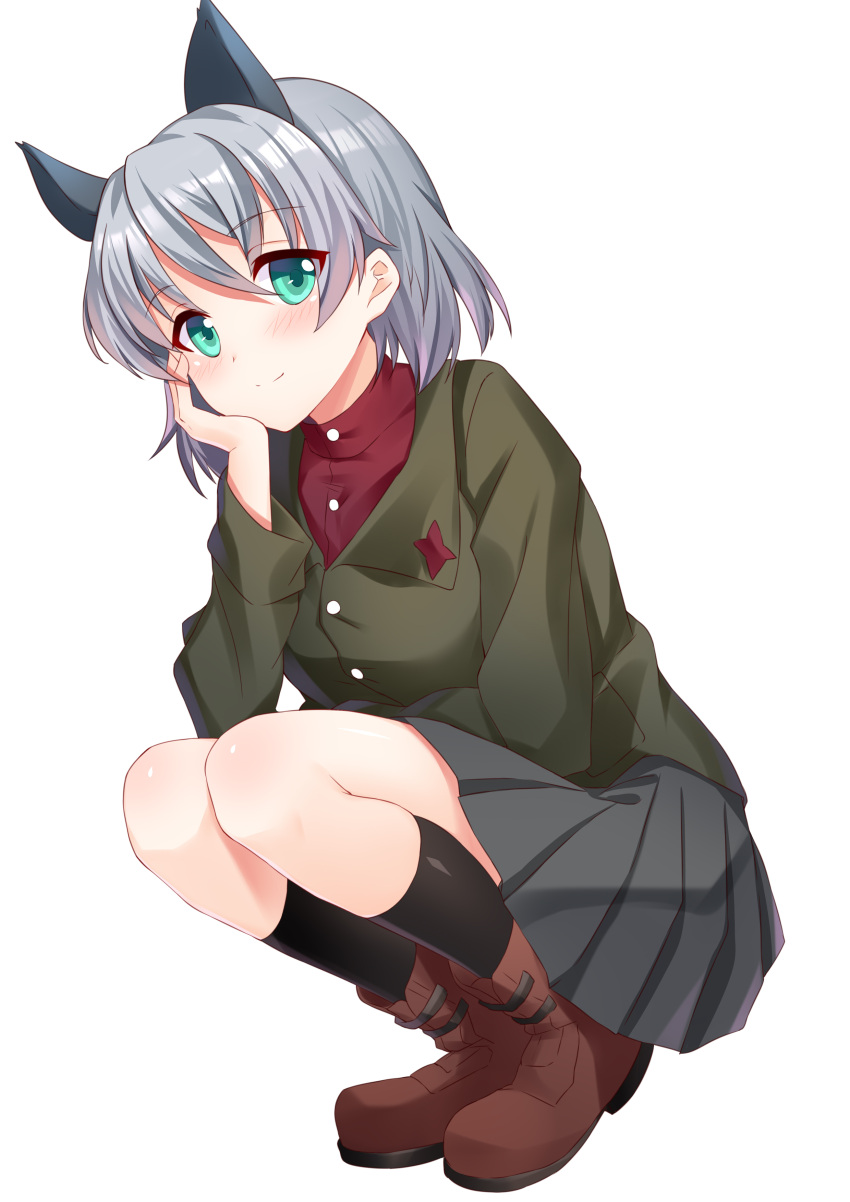 1girl absurdres animal_ears black_legwear boots cat_ears eyebrows_visible_through_hair green_eyes hand_on_own_cheek highres lucha_tongxie military military_uniform no_tail plaid plaid_skirt red_shirt sanya_v_litvyak shirt short_hair silver_hair skirt smile squatting strike_witches uniform world_witches_series