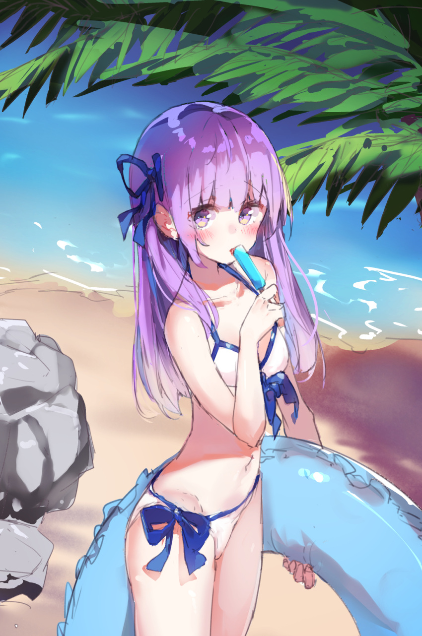 1girl aikatsu! bangs bare_arms bare_shoulders beach bikini blue_ribbon blush breasts day eyebrows_visible_through_hair food hair_ribbon highres hikami_sumire holding holding_food holding_innertube licking long_hair looking_at_viewer makiaato navel ocean outdoors popsicle purple_hair ribbon rock sand sketch small_breasts solo swimsuit violet_eyes water white_bikini