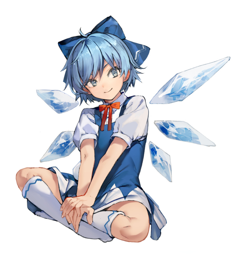 1girl blue_eyes blue_hair cirno dress eho_(icbm) hair_ribbon highres ice ice_wings indian_style kneehighs looking_at_viewer neck_ribbon ribbon short_hair sitting smile solo touhou wings