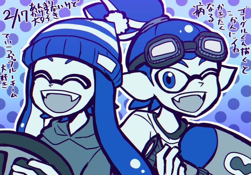 1boy 1girl ;d ^_^ blue blue_eyes blue_hair bobble-chan_(splatoon) bobblehat closed_eyes commentary_request domino_mask fangs goggle-kun_(splatoon) goggles goggles_on_head inkling kuuuuuuran looking_at_viewer mask one_eye_closed open_mouth pointy_ears polka_dot polka_dot_background smile splatoon splatoon_(manga) tentacle_hair translation_request
