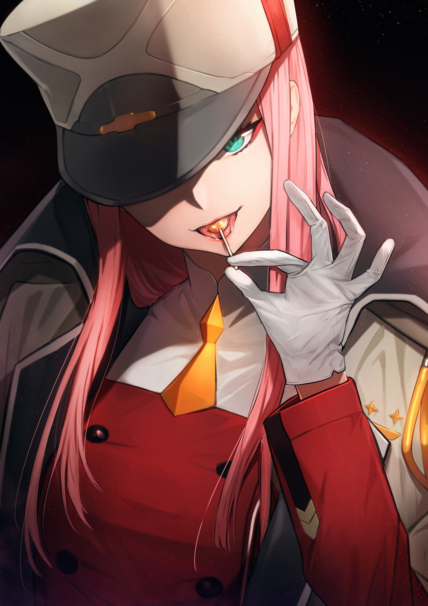 absurdres aqua_eyes candy darling_in_the_franxx double-breasted eyeshadow food fpanda gloves green_eyes hat head_tilt highres jacket_on_shoulders lollipop makeup military military_hat military_uniform one_eye_covered orange_neckwear pink_hair saliva shadow shiny shiny_hair straight_hair tongue tongue_suck uniform weapon white_gloves zero_two_(darling_in_the_franxx)