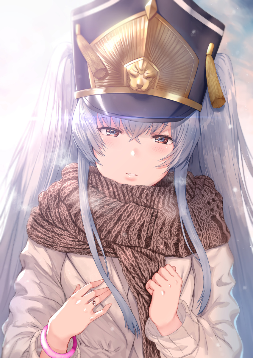 1girl absurdres altair_(re:creators) backlighting bangle bangs black_hat blush bracelet breath brown_eyes brown_scarf casual coat commentary eyebrows_visible_through_hair glint grey_coat hair_between_eyes hands_on_own_chest hat head_tilt hews_hack highres huge_filesize jewelry lips long_hair long_sleeves looking_at_viewer re:creators ring shiny shiny_hair sidelocks silver_hair solo tassel tsurime twintails upper_body winter_clothes winter_coat