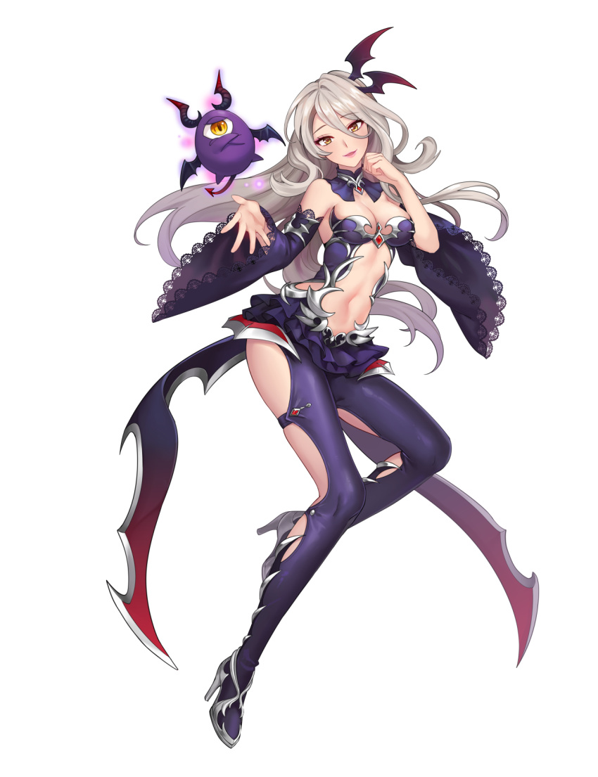 1girl artist_request bangs bare_shoulders breasts cleavage crossed_arms demon_horns demon_tail demon_wings detached_collar detached_sleeves eyebrows_visible_through_hair full_body gradient grey_hair hair_ornament high_heels highres horns lipstick long_hair looking_at_viewer makeup medium_breasts navel official_art outstretched_hand parted_lips sleeveless smile tail tenshi_mikadokuni transparent_background wide_sleeves wings yellow_eyes