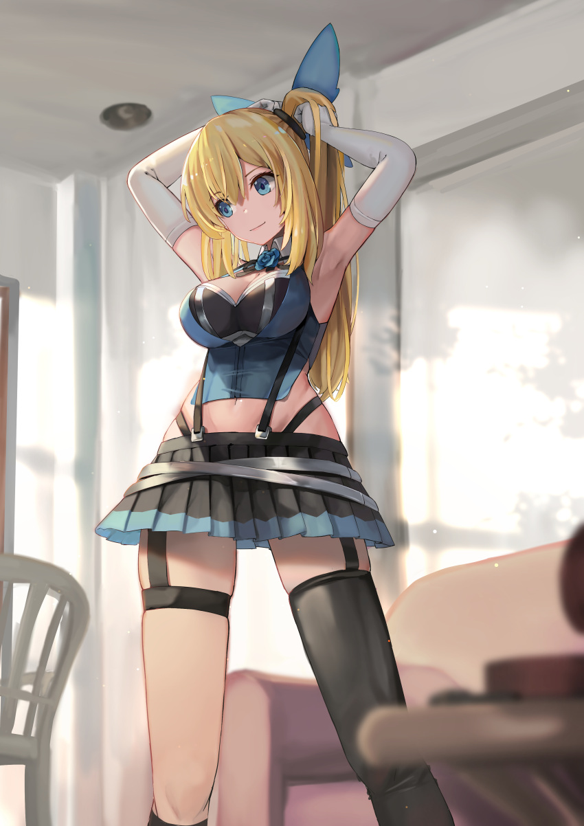 1girl absurdres adjusting_hair armpits arms_up asymmetrical_legwear bangs black_legwear blonde_hair blue_eyes blurry blurry_background breasts chair cleavage couch crop_top day depth_of_field elbow_gloves gloves hair_ornament hair_ribbon head_tilt highres indoors kneehighs large_breasts light_smile long_hair looking_at_viewer midriff miniskirt mirai_akari mirai_akari_project navel pleated_skirt ponytail ribbon skindentation skirt sleeveless solo standing sunga2usagi thigh-highs thigh_strap white_gloves wing_collar