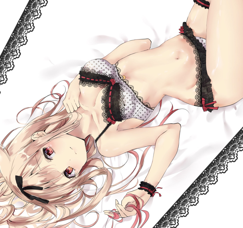 1girl bed_sheet black_ribbon blonde_hair bra breasts cleavage eyebrows_visible_through_hair from_above grey_bra grey_panties hair_between_eyes hair_ribbon highres holding holding_ribbon kantai_collection looking_at_viewer lying medium_breasts multicolored_hair on_back panties polka_dot polka_dot_bra polka_dot_panties red_eyes red_ribbon remodel_(kantai_collection) ribbon ribbon_bra solo thigh_strap two-tone_hair underwear underwear_only wrist_cuffs yuudachi_(kantai_collection)