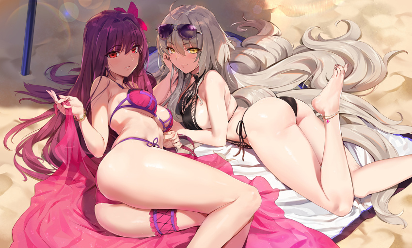 2girls anklet ass barefoot beach bikini black_swimsuit bracelet breasts chin_rest eyebrows_visible_through_hair eyewear_on_head fate/grand_order fate_(series) flower hair_between_eyes hair_flower hair_ornament halter_top halterneck highres jeanne_d'arc_(alter)_(fate) jeanne_d'arc_(fate)_(all) jewelry lens_flare light_brown_hair long_hair looking_at_viewer lying medium_breasts multiple_girls nail_polish on_side on_stomach one-piece_swimsuit outdoors parted_lips pink_bikini purple_hair red_eyes scathach_(fate/grand_order) scathach_(swimsuit_assassin)_(fate) side-tie_bikini side-tie_swimsuit smile swimsuit thigh_strap toenail_polish under_boob very_long_hair yang-do yellow_eyes