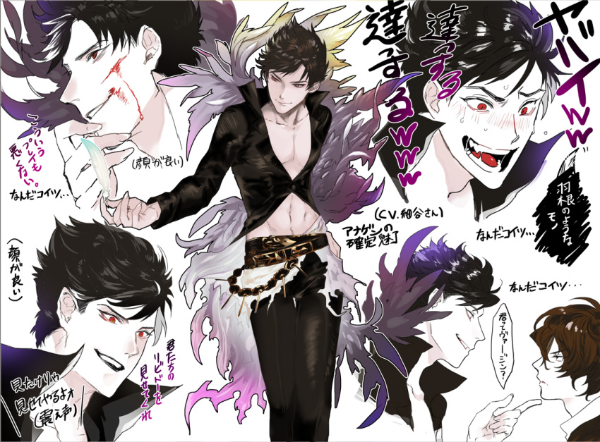 belial_(granblue_fantasy) belt black_hair black_shirt blood blush brown_hair donvoyage feather_boa granblue_fantasy male_focus midriff red_eyes sandalphon_(granblue_fantasy) shirt short_hair smile tongue