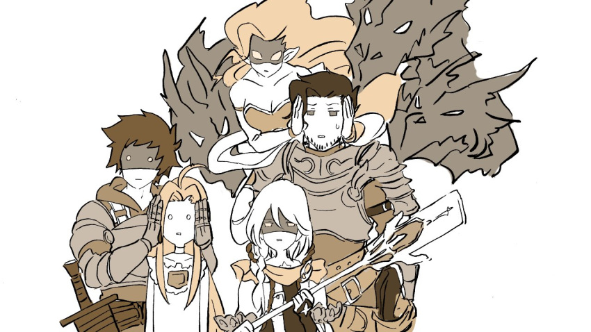 2girls 3boys ahoge angry armor braid covering_another's_ear dragon fighter_(granblue_fantasy) floating gran_(granblue_fantasy) granblue_fantasy lyria_(granblue_fantasy) multiple_boys multiple_girls noah_(granblue_fantasy) rackam_(granblue_fantasy) shaded_face simple_background single_braid staff surprised sword tiamat_(granblue_fantasy) weapon white_background