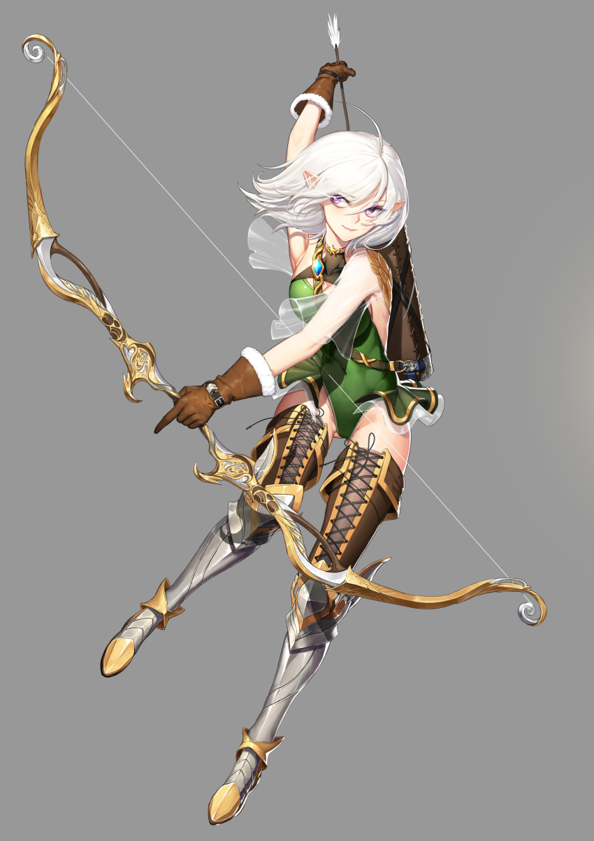 1girl absurdres ahoge arrow backless_outfit boots bow_(weapon) brown_gloves character_request copyright_request cross-laced_footwear elf fur_trim gloves greaves greem_bang green_leotard hair_between_eyes highres index_finger_raised lace-up_boots leotard looking_to_the_side pointy_ears quiver smile solo thigh-highs thigh_boots transparent_background violet_eyes weapon white_hair