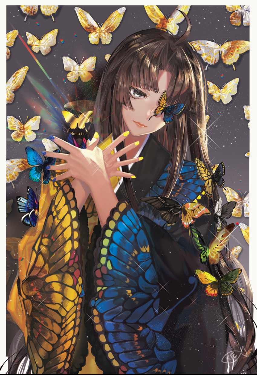 1girl ahoge bangs black_kimono blue_nails butterfly_eyepatch butterfly_on_hand closed_mouth expressionless eyebrows_visible_through_hair half-closed_eye highres insect japanese_clothes kimono lens_flare light_particles lips long_hair long_sleeves looking_at_viewer mismatched_nail_polish nail_polish one_eye_covered original own_hands_together parted_bangs print_kimono shiny shiny_hair signature smile solo sparkle upper_body very_long_hair wide_sleeves yakusuke yellow_nails