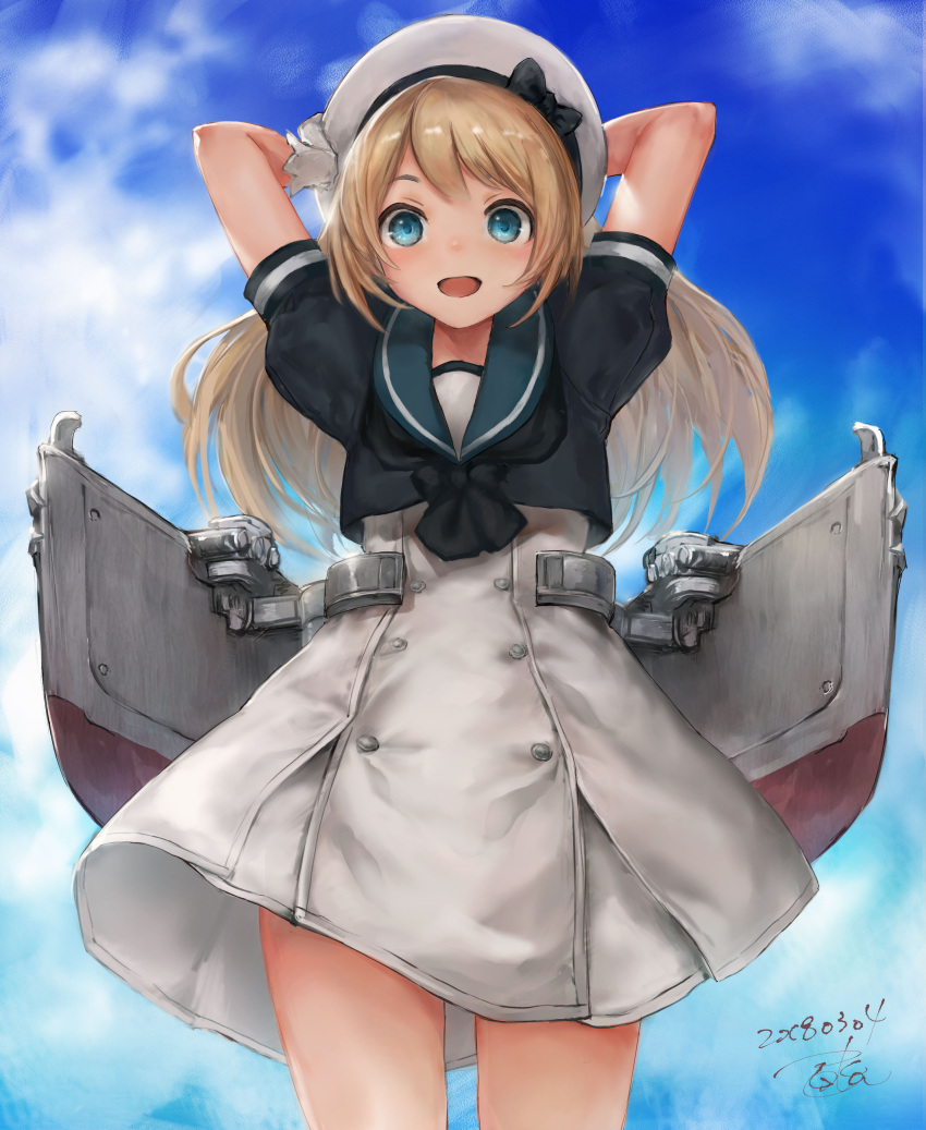 1girl :d absurdres arms_behind_head arms_up bad_id bad_pixiv_id beret black_bow black_shirt blonde_hair blue_eyes blue_sailor_collar blue_sky bow clouds cowboy_shot crop_top dated day dress grey_dress hat hat_bow highres jervis_(kantai_collection) kantai_collection long_hair looking_at_viewer machinery open_mouth outdoors sailor_collar sanpaku shirt signature sky smile solo standing tareme thighs toka_(marchlizard) white_hat