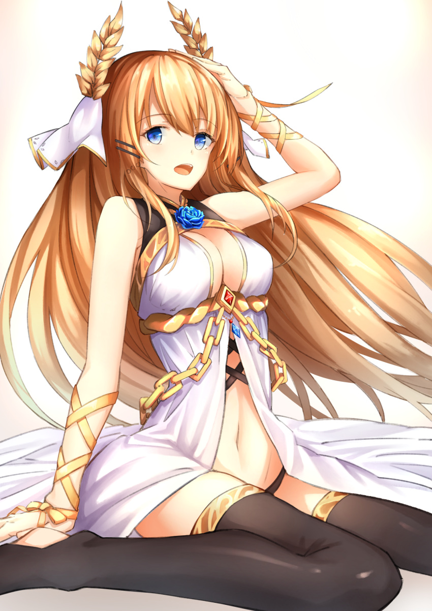 azur_lane bare_shoulders black_legwear black_panties blonde_hair blue_eyes breasts chains cleavage dress eyebrows_visible_through_hair eyelashes floating_hair flower_ornament hair_ornament hand_on_own_head highres knees_together_feet_apart laurel_crown long_hair looking_at_viewer medium_breasts navel on_bed open_mouth panties ribbon rusi simple_background sitting sleeveless sleeveless_dress solo thigh-highs underwear veil victorious_(azur_lane) wrist_ribbon