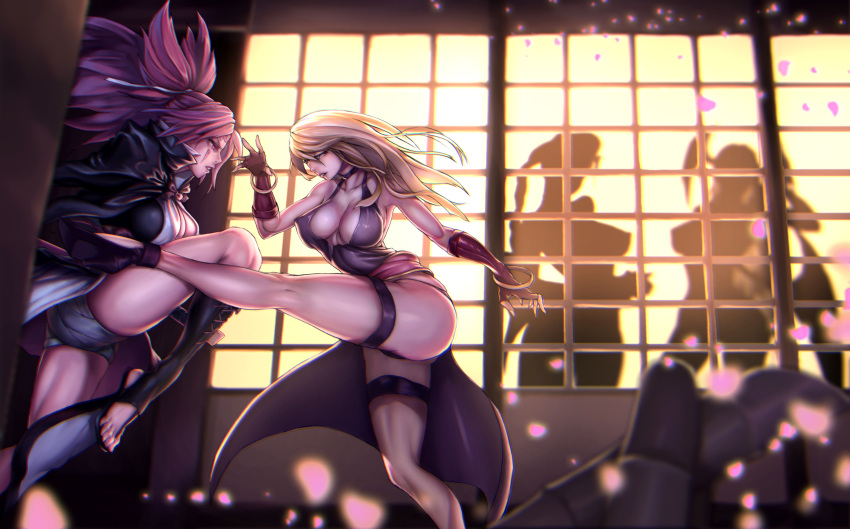 absurdres amputee backless_outfit baiken bare_shoulders belt blocking blonde_hair blue_eyes bonne_jenet bracelet braid breasts cherry_blossoms choker cleavage crimson_viper demon_girl dress erect_nipples facial_mark facial_tattoo fatal_fury fighting fingerless_gloves fusuma gloves guilty_gear guilty_gear_xrd hair_tie halter_dress halterneck head_wings high_heels highres jacket_on_shoulders japanese_clothes jewelry kicking kimono large_breasts long_hair low_wings mark_of_the_wolves morrigan_aensland no_bra obi one-eyed open_clothes open_kimono panties pink_hair platinum_disco pompadour ponytail purple_dress red_eyes redhead revealing_clothes sarashi sash scar scar_across_eye shadow sheath silhouette sliding_doors street_fighter succubus sword tattoo thigh_strap thighs tied_hair underwear vampire_(game) weapon wings
