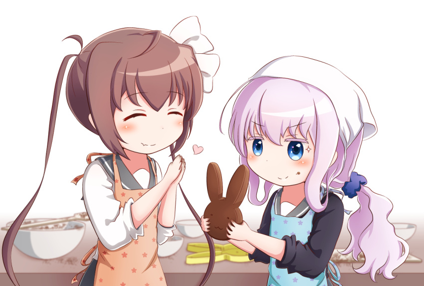 &gt;:) 2girls ^_^ ahoge apron bangs black_cardigan blue_apron blue_eyes blush bow brown_apron brown_hair chocolate closed_eyes closed_mouth collarbone commentary_request eyebrows_visible_through_hair fang fang_out goth_risuto grey_skirt hair_between_eyes hair_bow head_scarf heart long_hair long_sleeves looking_at_another low_ponytail momochi_tamate multiple_girls own_hands_together pink_hair ponytail print_apron school_uniform sengoku_kamuri serafuku shirt skirt sleeves_pushed_up slow_start smile sparkle star star_print twintails v-shaped_eyebrows valentine very_long_hair white_background white_bow white_shirt