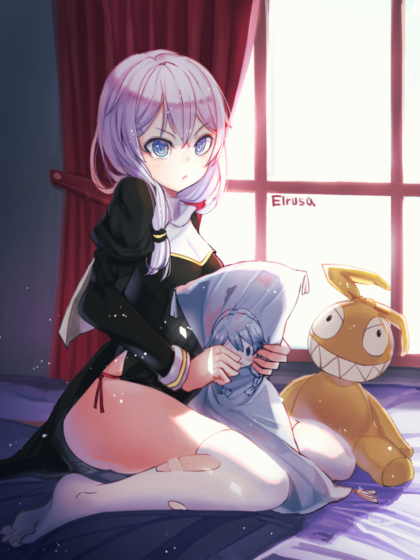 &gt;:&lt; 1girl aqua_eyes bed benghuai_xueyuan curtains doll elrusa eyebrows highres honkai_impact kiana_kaslana looking_at_viewer nun on_bed pillow silver_hair sitting sitting_on_bed string_panties theresa_apocalypse thigh-highs torn_clothes torn_thighhighs window