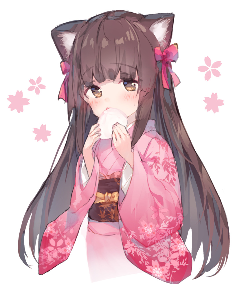 1girl animal_ears bangs baozi blush bow brown_eyes brown_hair eyebrows_visible_through_hair fingernails floral_print food fox_ears hair_bow highres holding holding_food japanese_clothes kimono konohana_kitan long_hair long_sleeves makiaato obi pink_kimono print_kimono red_bow sakura_(konohana_kitan) sash simple_background solo very_long_hair white_background wide_sleeves