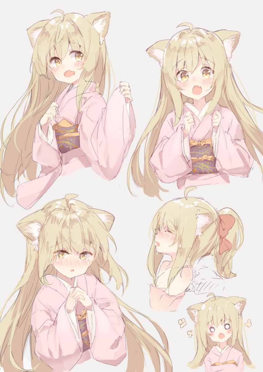 1girl :d :o ahoge animal_ears bangs blush brown_eyes eyebrows_visible_through_hair fang fox_ears grey_background hair_between_eyes hair_up head_tilt highres japanese_clothes kimono konohana_kitan light_brown_hair long_hair long_sleeves makiaato multiple_views nose_blush nude o_o obi open_mouth parted_lips partially_submerged pinching_sleeves pink_kimono ponytail sash simple_background sketch smile tears very_long_hair wet wide_sleeves yuzu_(konohana_kitan)