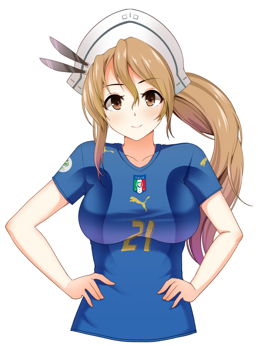 1girl 2006_fifa_world_cup absurdres alternate_costume breasts brown_eyes brown_hair clothes_writing feathers hands_on_hips hat highres italian italian_flag italy kantai_collection large_breasts littorio_(kantai_collection) long_hair looking_at_viewer puma_ag simple_background soccer soccer_uniform solo sportswear white_background world_cup