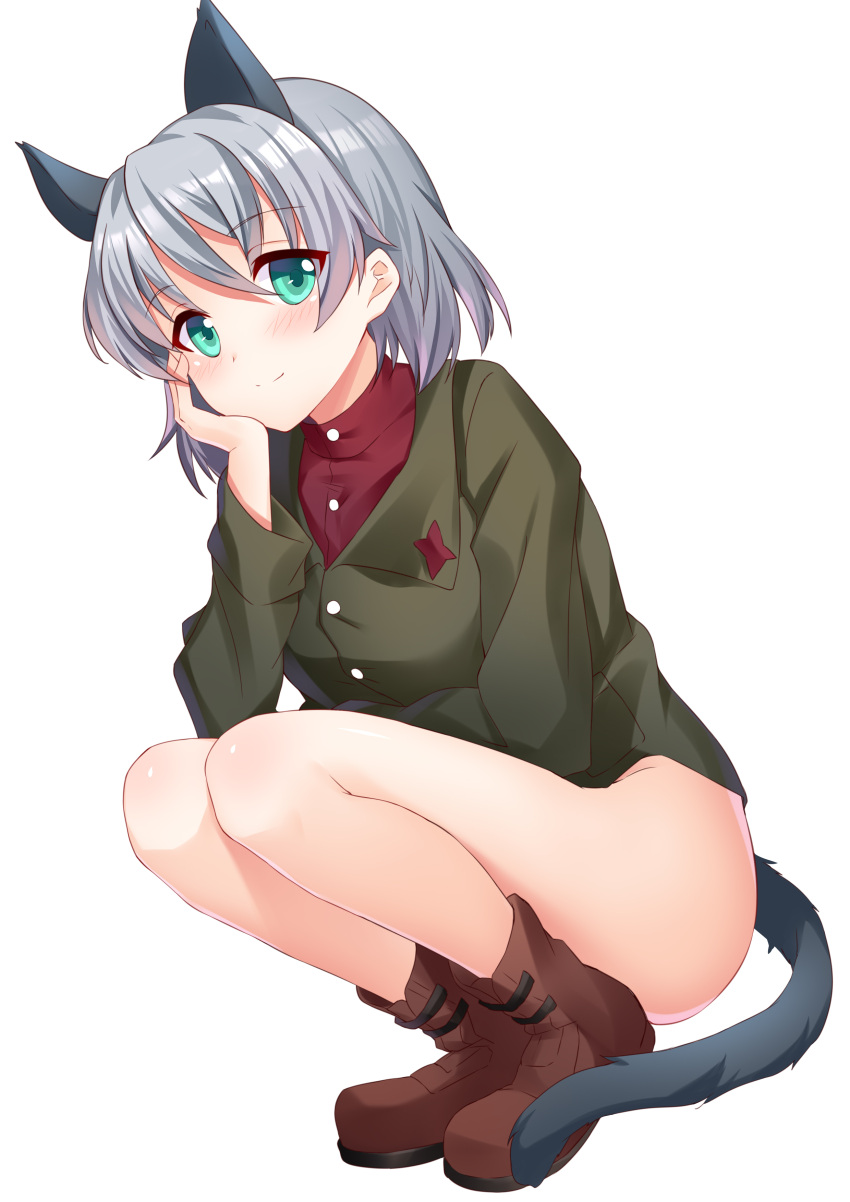 1girl absurdres animal_ears boots bottomless cat_ears cat_tail eyebrows_visible_through_hair green_eyes hand_on_own_cheek highres lucha_tongxie military military_uniform no_panties red_shirt sanya_v_litvyak shirt short_hair silver_hair smile squatting strike_witches tail uniform world_witches_series