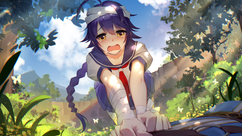 1girl absurdres ahoge bandage blue_hair blue_skirt blue_sky braid butterfly clouds collarbone crying crying_with_eyes_open day daye_bie_qia_lian from_above hair_between_eyes highres long_hair looking_at_viewer miniskirt neckerchief open_mouth outdoors pleated_skirt ponytail red_neckwear romantic_saga_of_beauty_&amp;_devil school_uniform serafuku shirt short_sleeves single_braid skirt sky tears tree very_long_hair white_shirt yellow_eyes