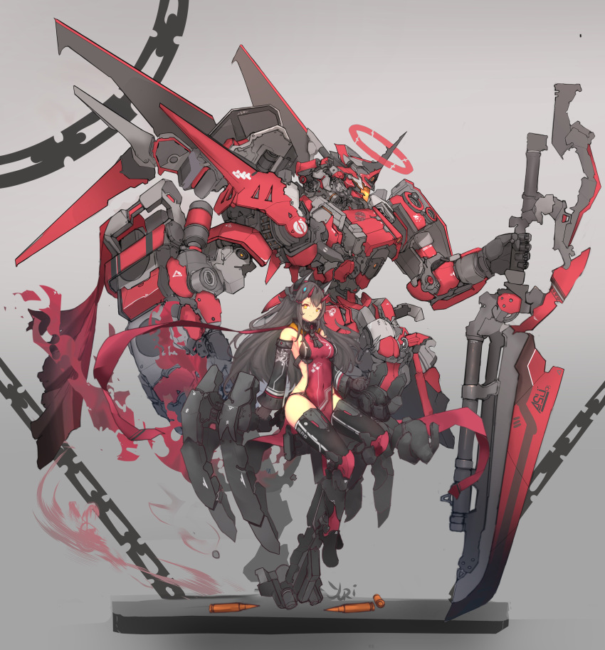 1girl absurdres black_gloves black_hair cartridge chains commentary_request covered_navel detached_sleeves gloves grey_background halo highres horns long_hair long_sleeves looking_at_viewer mecha mechanical_ears mole mole_under_eye original pelvic_curtain sitting standing sword syaha thigh-highs weapon yellow_eyes