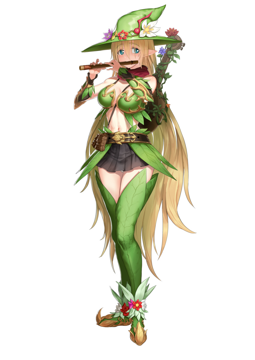 1girl absurdres belt blonde_hair breasts brown_skirt character_request cleavage commentary_request flower flute greem_bang green_hat green_legwear hair_between_eyes hat hat_flower highres instrument large_breasts long_hair mandolin midriff miniskirt music navel panties pantyshot pantyshot_(standing) playing_instrument pointy_ears simple_background skirt standing thigh-highs underwear very_long_hair white_background white_panties
