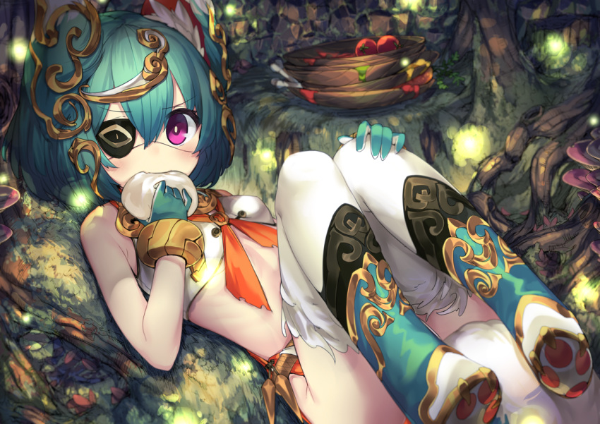 1girl aqua_hair bangs baozi blush bracelet breasts commentary_request eating eyebrows_visible_through_hair eyepatch food gloves green_gloves hair_between_eyes hair_ornament hand_on_own_knee holding holding_food jewelry last_period looking_at_viewer lying mul_latum niranome on_back short_hair small_breasts smile solo violet_eyes white_legwear