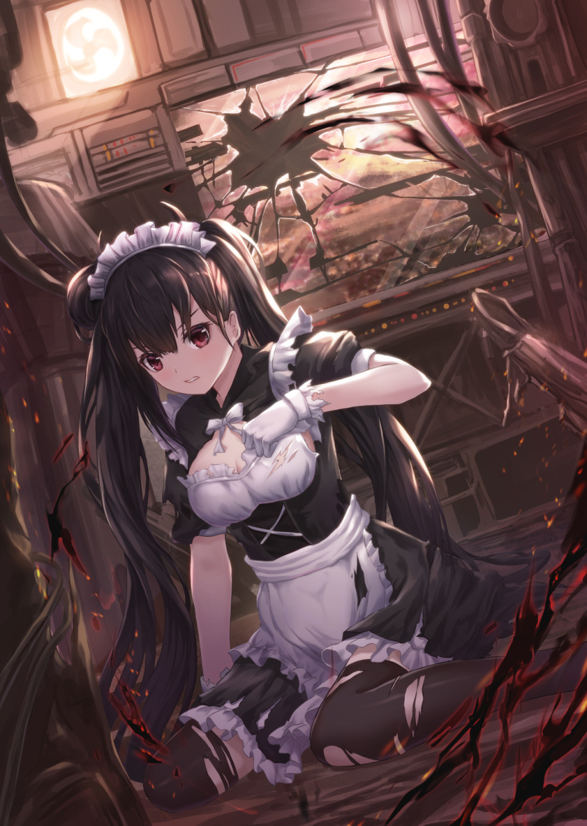 1girl alternate_costume apron aqua_hair bangs black_dress black_legwear bow breasts broken_glass cleavage cleavage_cutout clenched_teeth commentary dress enmaided fan frilled_dress frills girls_frontline glass gloves hair_between_eyes hand_up highres light long_hair looking_at_viewer lunacle magic maid maid_headdress medium_breasts on_floor ouroboros_(girls_frontline) puffy_short_sleeves puffy_sleeves red_eyes short_sleeves sitting solo sparks teeth thigh-highs torn_apron torn_clothes torn_dress torn_gloves torn_thighhighs twintails v-shaped_eyebrows ventilation_shaft very_long_hair waist_apron wariza white_apron white_bow white_gloves