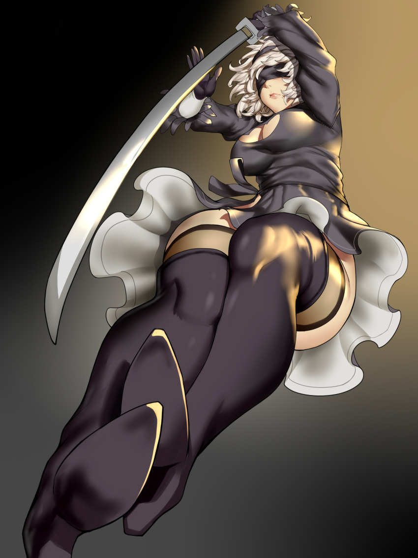 1girl absurdres black_dress black_legwear blindfold boots breasts cleavage cleavage_cutout dress high_heel_boots high_heels highres kumiko_shiba large_breasts midair mole mole_under_mouth nier_(series) nier_automata silver_hair solo sword thigh-highs thigh_boots weapon yorha_no._2_type_b
