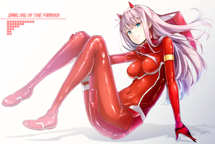 1girl blue_eyes bodysuit breasts breasts_apart copyright_name covered_navel dabadhi darling_in_the_franxx eyebrows_visible_through_hair fake_horns floating_hair full_body grey_background hand_on_own_knee highres long_hair looking_at_viewer medium_breasts pilot_suit pink_hair red_bodysuit shiny shiny_clothes sitting skin_tight solo very_long_hair zero_two_(darling_in_the_franxx)