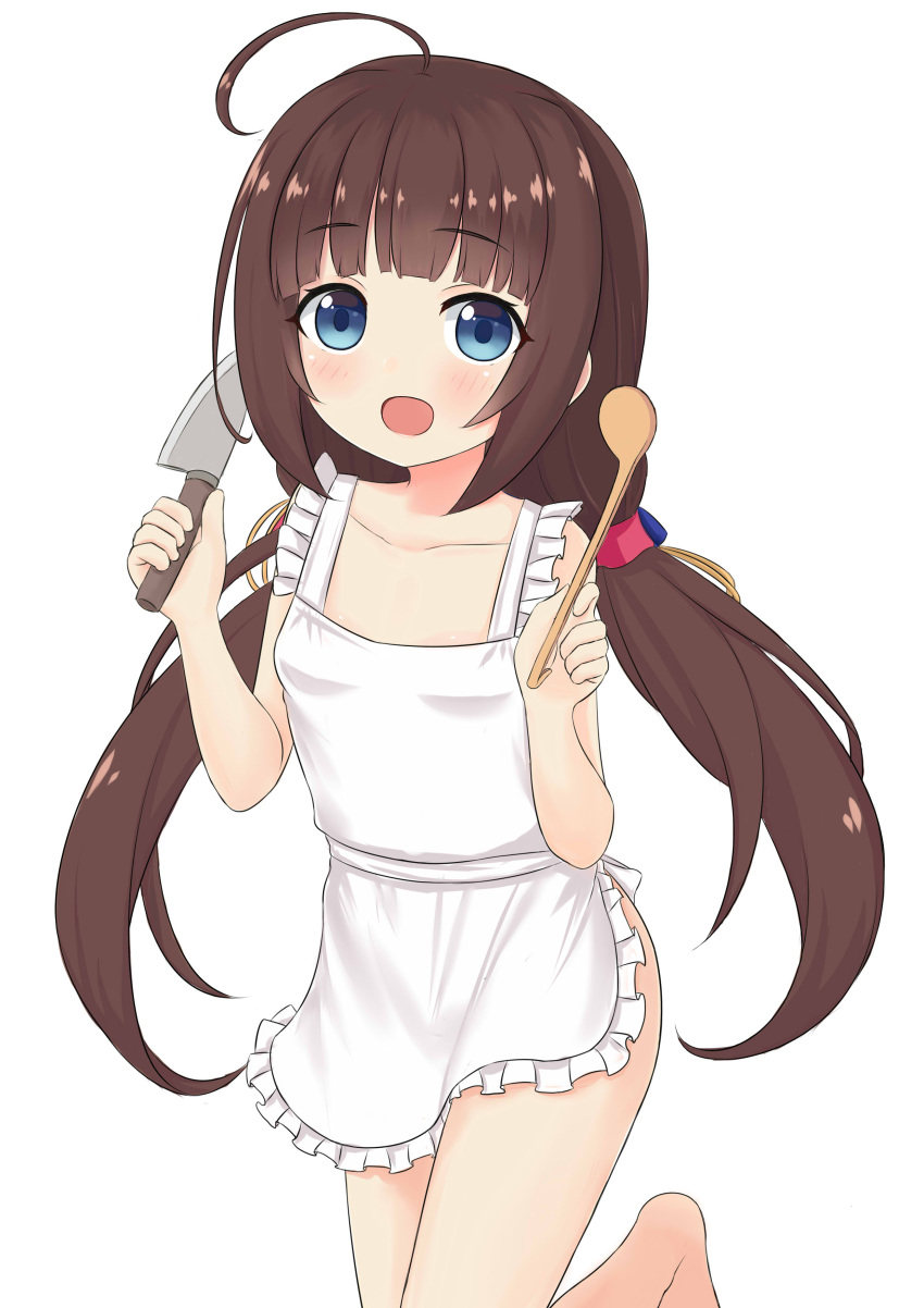 1girl :d absurdres ahoge apron bangs bare_arms bare_shoulders blue_eyes blush breasts brown_hair collarbone commentary_request eyebrows_visible_through_hair hank_(spider921) highres hinatsuru_ai holding holding_knife knife long_hair looking_at_viewer low_twintails naked_apron open_mouth ryuuou_no_oshigoto! sidelocks simple_background small_breasts smile solo standing standing_on_one_leg twintails very_long_hair white_background