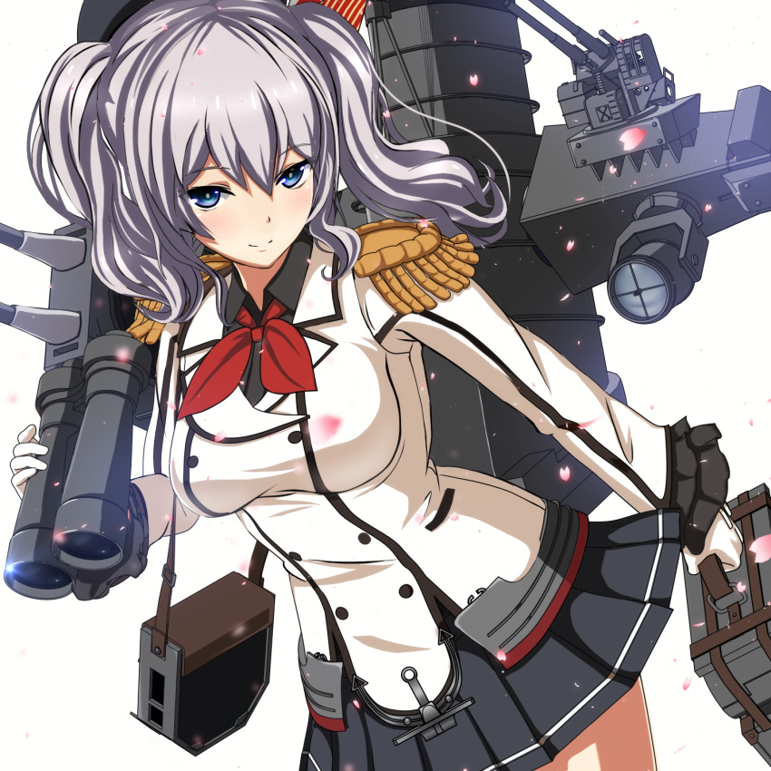 1girl beret binoculars black_hat blue_eyes breasts closed_mouth collared_shirt epaulettes frilled_sleeves frills gloves grey_shirt hat highres jacket kantai_collection kashima_(kantai_collection) large_breasts long_hair long_sleeves looking_at_viewer pleated_skirt ponpu-chou rigging searchlight shirt silver_hair simple_background skirt smile smokestack solo striped striped_skirt turret upper_body white_background white_gloves white_jacket