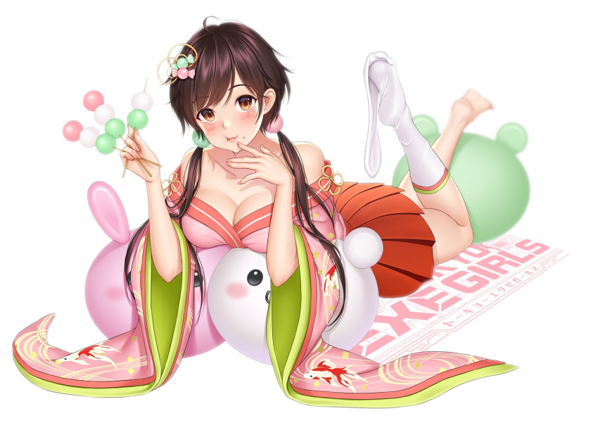1girl bangs bare_shoulders blush breasts brown_eyes brown_hair cleavage collarbone commentary dango eating eyebrows_visible_through_hair fingernails food full_body hair_ornament highres holding japanese_clothes large_breasts logo long_hair looking_at_viewer loose_thighhigh lying official_art on_stomach pleated_skirt shimashima08123 simple_background skirt solo thigh-highs tokyo_exe_girls wagashi white_background white_legwear wide_sleeves