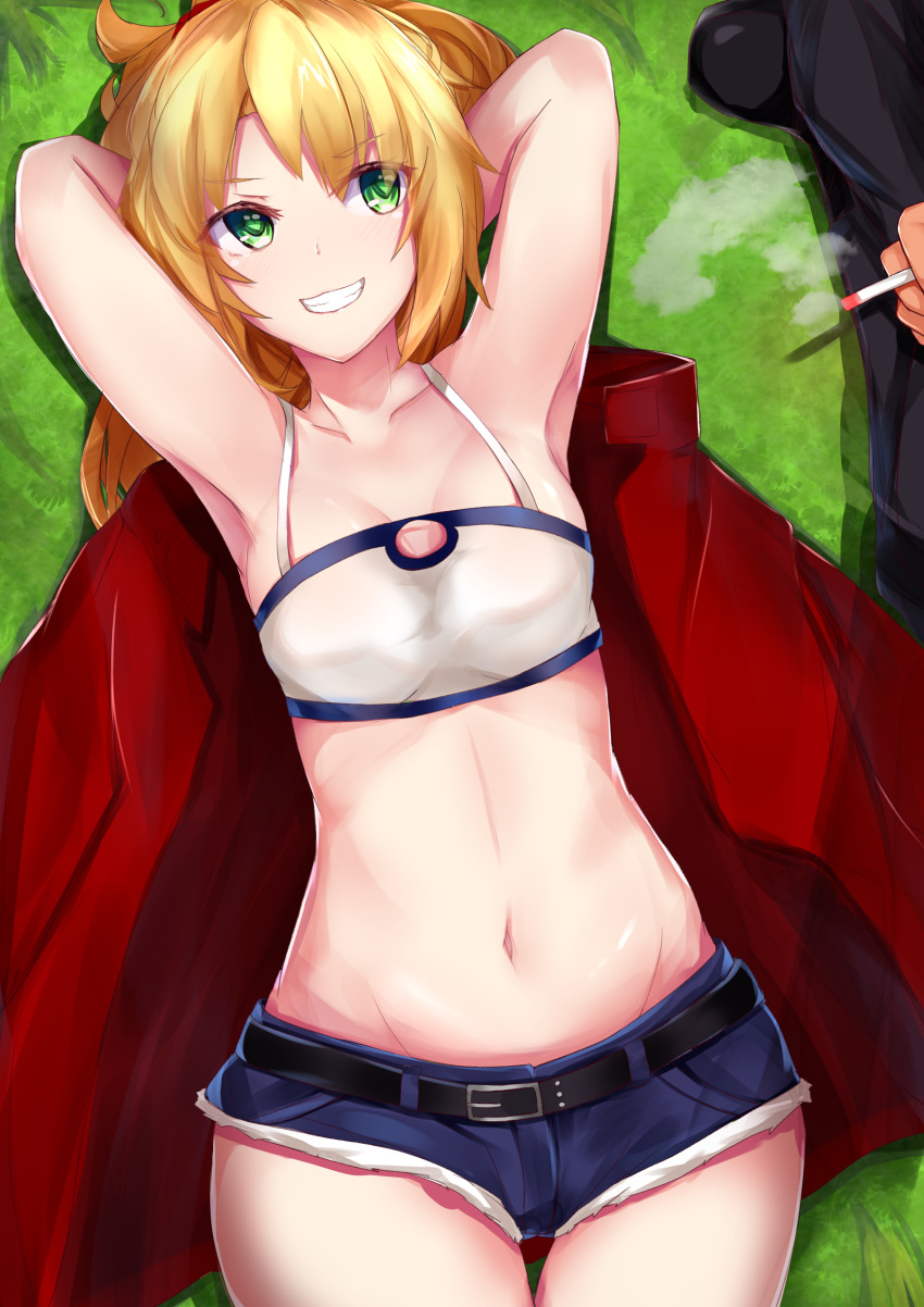 1girl abs absurdres armpits arms_behind_head arms_up bandeau bare_shoulders belt blonde_hair breasts cigarette coat cutoffs denim denim_shorts fate/apocrypha fate/grand_order fate_(series) green_eyes highres looking_to_the_side mordred_(fate) mordred_(fate)_(all) nanakaku navel red_coat scrunchie short_shorts shorts small_breasts smile