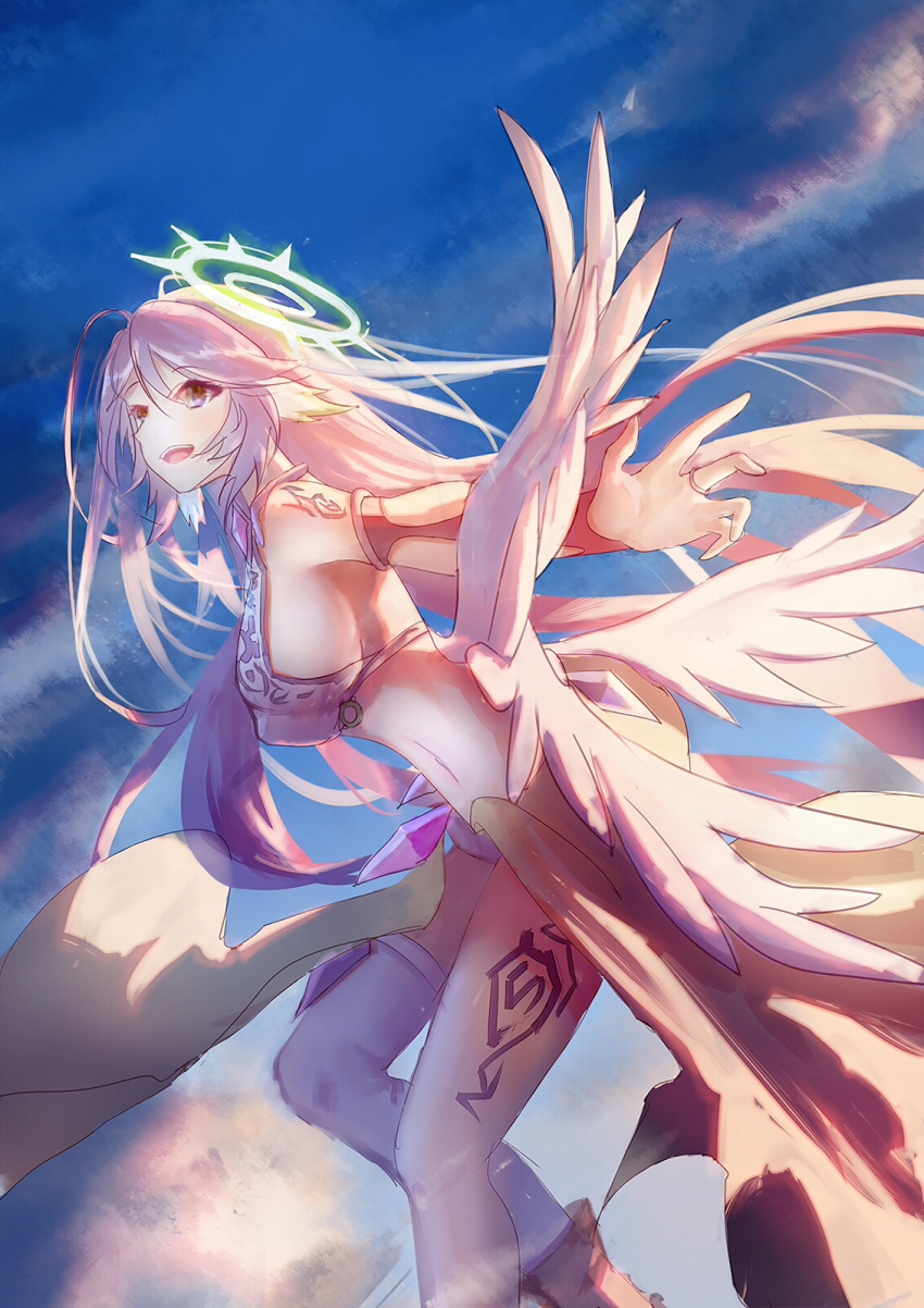 1girl angel_wings breasts commentary_request crop_top deadjdk feathered_wings gloves halo highres jibril_(no_game_no_life) large_breasts long_hair low_wings magic_circle midriff mismatched_legwear navel no_game_no_life open_mouth pink_hair sideboob solo tattoo very_long_hair white_wings wing_ears wings yellow_eyes