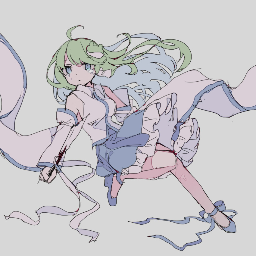 1girl ahoge blue_eyes crying detached_sleeves dokushima frills frog gohei green_hair hair_accessories kochiya_sanae ribbons shoes skirt snake tears touhou