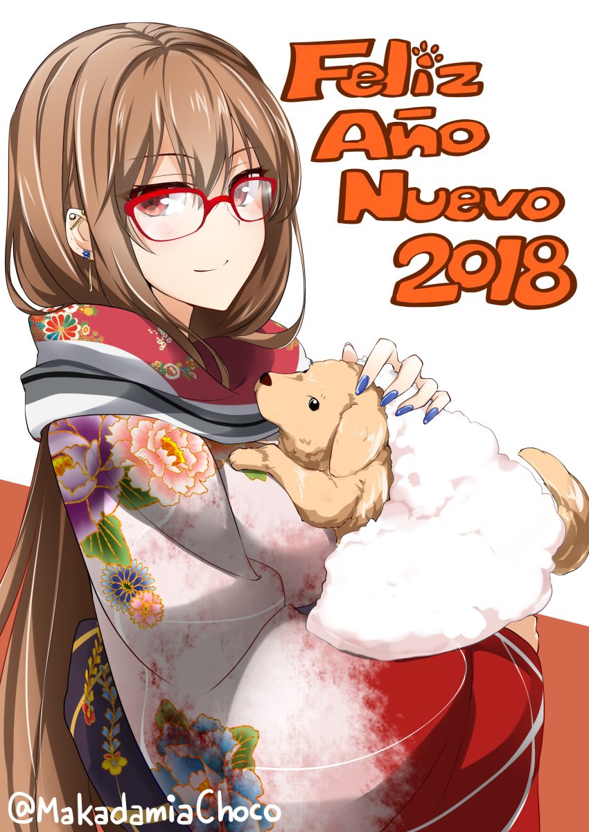 1girl 2018 absurdres animal brown_hair commentary_request dog earrings furisode glasses highres holding holding_animal japanese_clothes jewelry kimono lindoh_flores long_hair looking_at_viewer nail_polish new_year original red-eyes_macadamiachoco red-framed_eyewear red_eyes simple_background smile solo twitter_username upper_body white_background