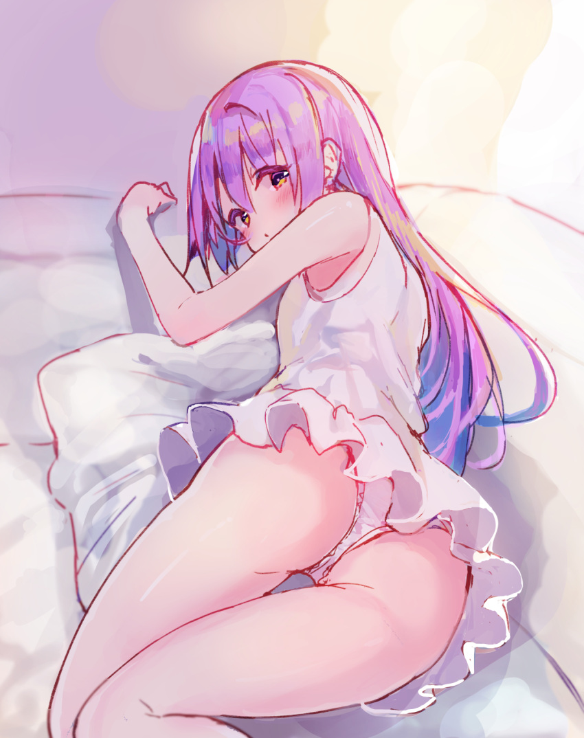 1girl :o aikatsu! ass bare_arms bare_shoulders blush dress highres hikami_sumire long_hair looking_at_viewer looking_back lying makiaato on_side panties parted_lips pillow purple_hair short_dress sleeveless sleeveless_dress solo underwear very_long_hair violet_eyes white_dress white_panties