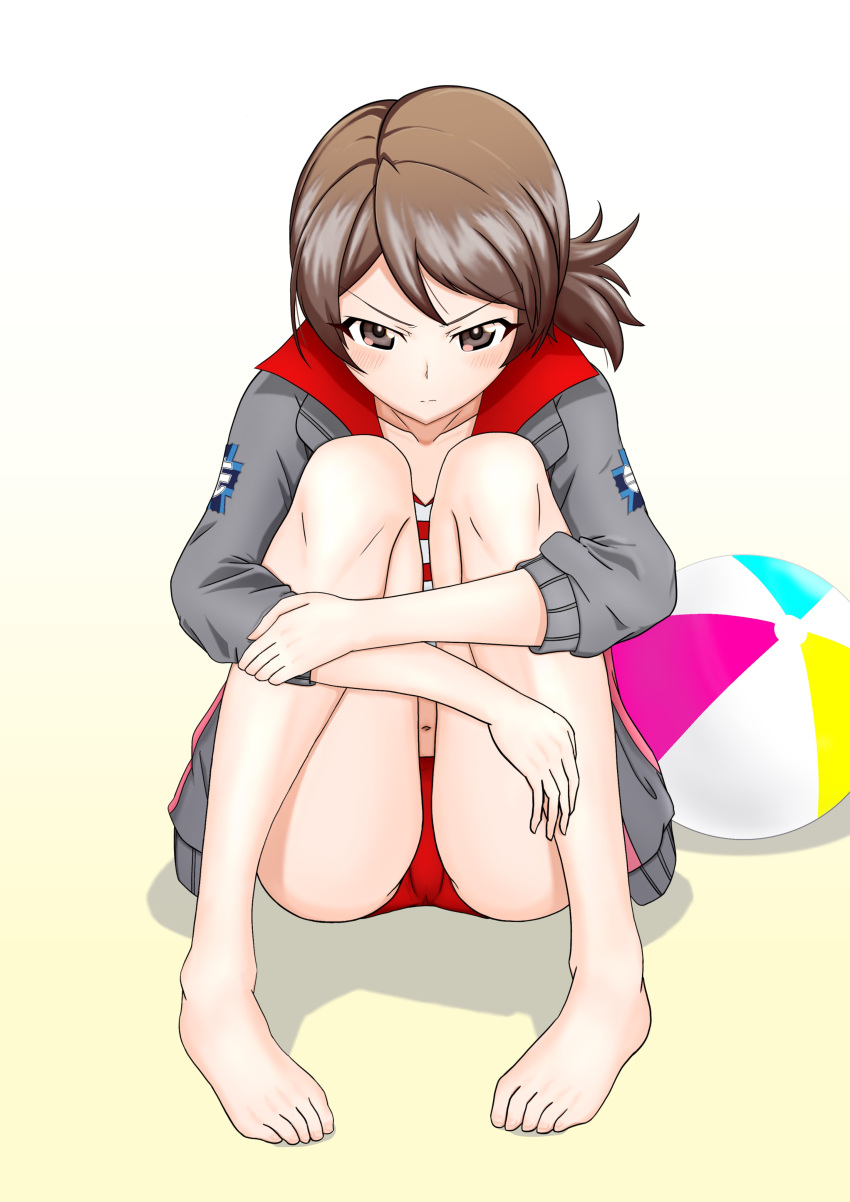 1girl absurdres ball beachball blush brown_eyes brown_hair character_request embarrassed emblem girls_und_panzer grey_jacket hachiko_(kota091986) highres hugging_own_legs jacket jacket_over_swimsuit legs looking_at_viewer navel ooarai_(emblem) solo swimsuit