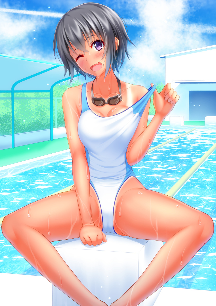 1girl absurdres black_hair blue_eyes blue_sky chain-link_fence clouds competition_swimsuit condensation_trail fang fence goggles goggles_around_neck highres moe2018 one-piece_swimsuit one_eye_closed open_mouth original pool poolside shed shirouzu_myuuta short_hair sitting sky smile solo spread_legs starting_block swimsuit tan tanline wet white_swimsuit