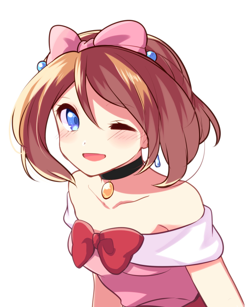 1girl ;d blue_eyes blush bow brown_hair choker collarbone hair_bow haruka_(pokemon) highres one_eye_closed open_mouth pink_bow pokemon red_bow short_hair simple_background sleeveless smile solo upper_body white_background yuihiko