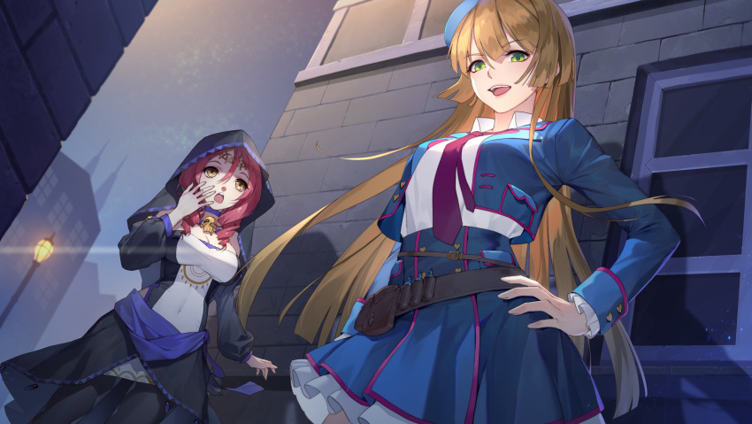 2girls :d absurdres belt black_legwear blonde_hair blue_jacket blue_skirt breasts cleavage daye_bie_qia_lian eyebrows_visible_through_hair from_below green_eyes hair_between_eyes hand_on_hip high-waist_skirt highres hood jacket long_hair looking_at_viewer multiple_girls necktie night open_clothes open_jacket open_mouth outdoors pantyhose red_neckwear redhead road romantic_saga_of_beauty_&amp;_devil shirt skirt smile street very_long_hair white_shirt yellow_eyes