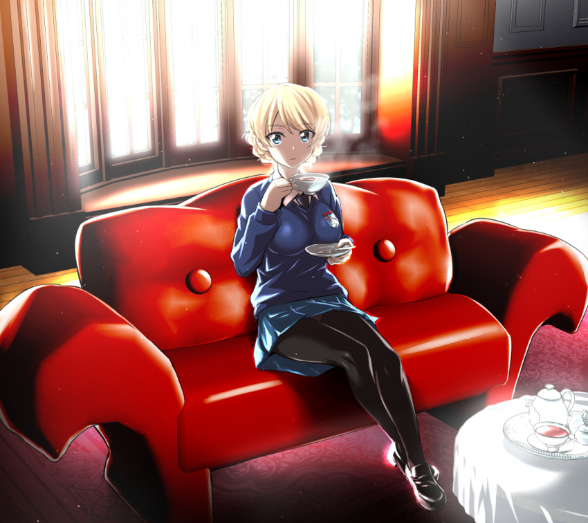 1girl backlighting bangs black_footwear black_legwear black_neckwear blonde_hair blue_eyes blue_skirt blue_sweater braid breasts couch crossed_ankles cup darjeeling emblem eyebrows_visible_through_hair full_body girls_und_panzer indoors large_breasts loafers long_sleeves looking_at_viewer miniskirt nakahira_guy panties panties_under_pantyhose pantyhose pantyshot pantyshot_(sitting) saucer school_uniform shoes short_hair sitting skirt solo st._gloriana's_(emblem) st._gloriana's_school_uniform sweater swept_bangs teacup tied_hair twin_braids underwear v-neck window