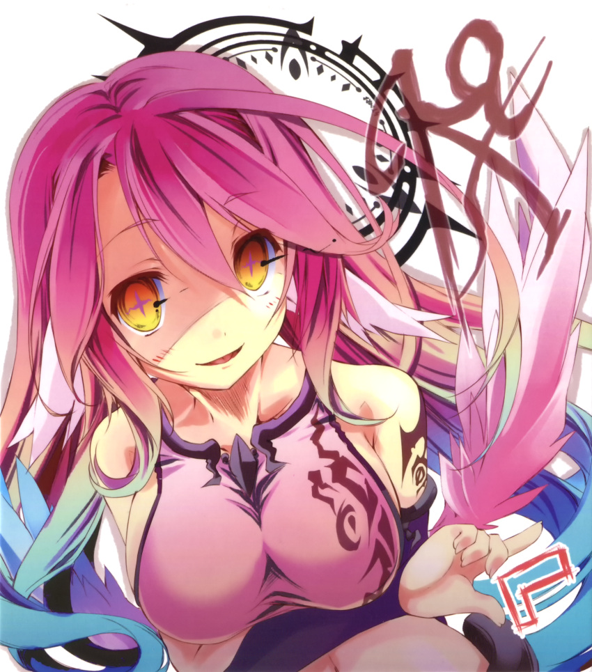 1girl angel_wings breasts crop_top evil_smile feathered_wings gradient_hair halo highres jibril_(no_game_no_life) kamiya_yuu large_breasts long_hair low_wings magic_circle midriff multicolored_hair navel no_game_no_life official_art open_mouth pink_hair smile solo tattoo very_long_hair wing_ears wings yellow_eyes