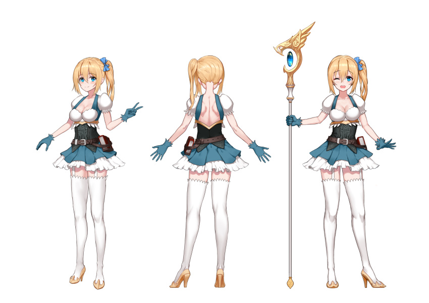 1girl absurdres belt blonde_hair blue_dress blue_eyes blue_gloves blush book book_holster breasts character_request character_sheet cleavage copyright_request dress from_behind full_body garter_straps gloves greem_bang high_heels highres long_hair looking_at_viewer medium_breasts multiple_views one_eye_closed side_ponytail simple_background smile solo staff standing thigh-highs turnaround v white_background