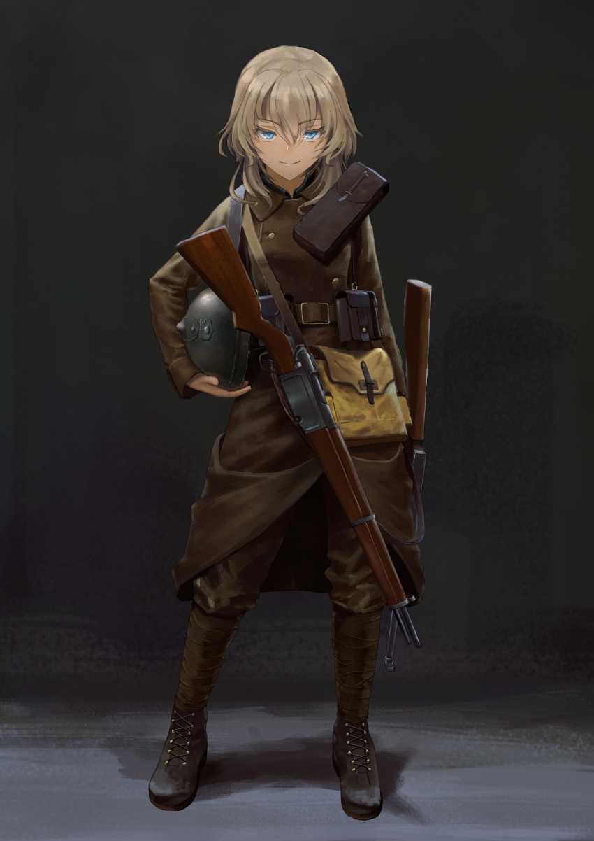 1girl absurdres blonde_hair blue_eyes furukawa_herzer gun headwear_removed helmet helmet_removed highres military military_uniform original pouch rifle solo uniform weapon