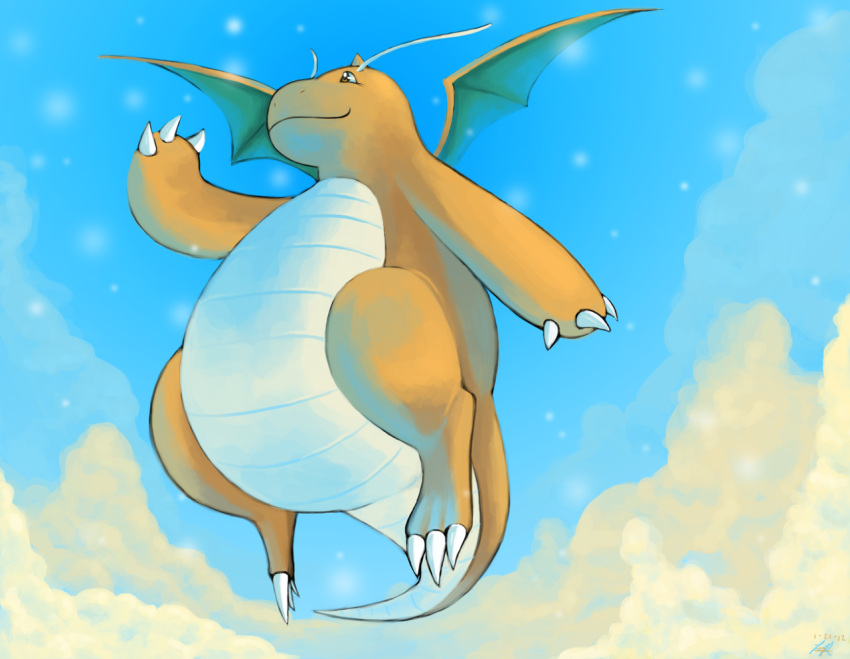 blue_sky claws clouds cloudy_sky commentary creature day dragon dragonite flying full_body looking_away no_humans pokemon pokemon_(creature) pokemon_(game) pokemon_rgby rock-bomber sky smile solo tail wings yellow_eyes