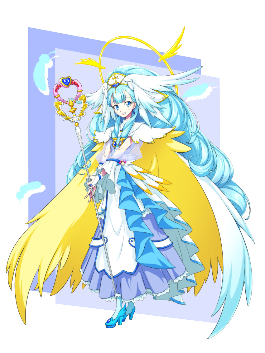 1girl bangs blue_dress blue_eyes blue_footwear blue_hair cape cure_ange dress earrings embellished_costume feathers frills gem hair_ornament halo head_wings highres holding holding_staff hugtto!_precure jewelry long_hair looking_at_viewer magical_girl matatabi_(karukan222) precure see-through smile solo staff standing wrist_cuffs yakushiji_saaya