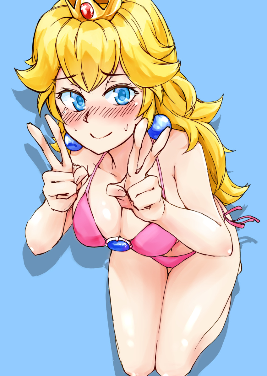 1girl bare_arms bare_legs bare_shoulders bikini blonde_hair blue_eyes blue_pupils blush breasts brooch cleavage closed_mouth collarbone crown double_v earrings eyebrows_visible_through_hair from_side full_body hands_up highres jewelry long_hair looking_at_viewer looking_up super_mario_bros. navel nose_blush pink_bikini princess_peach seiza side-tie_bikini side-tie_bottom sitting smile solo stomach super_mario_bros. sweat swimsuit tadd_(tatd) v